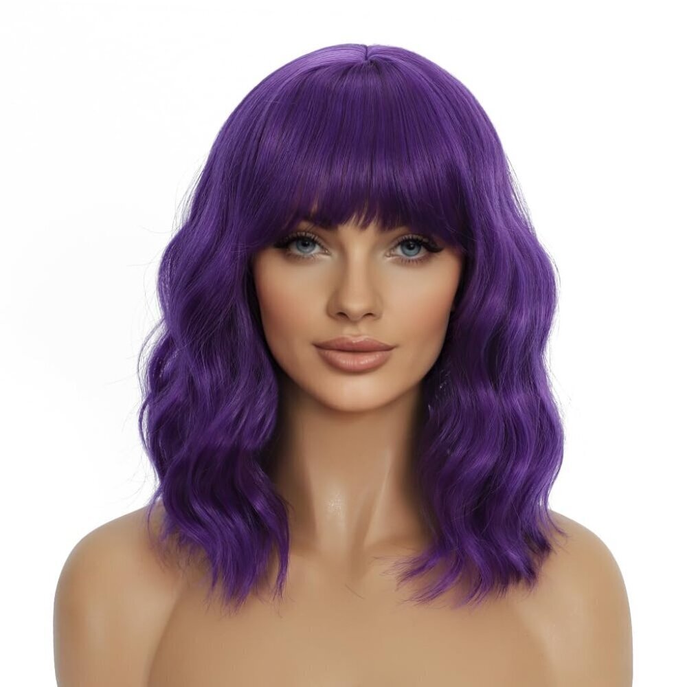 Women's Dark Purple 14 Inch Bangs Short Wavy Halloween Cosplay Bob Wigs